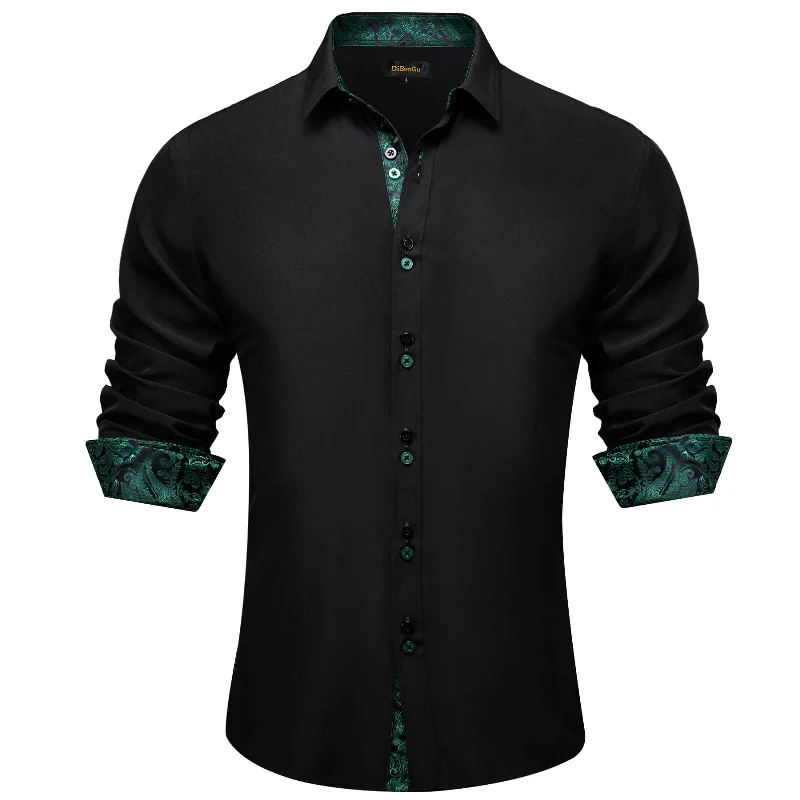 DiBanGu Men's Shirt Black Solid Green Paisley Splicing Silk Shirt