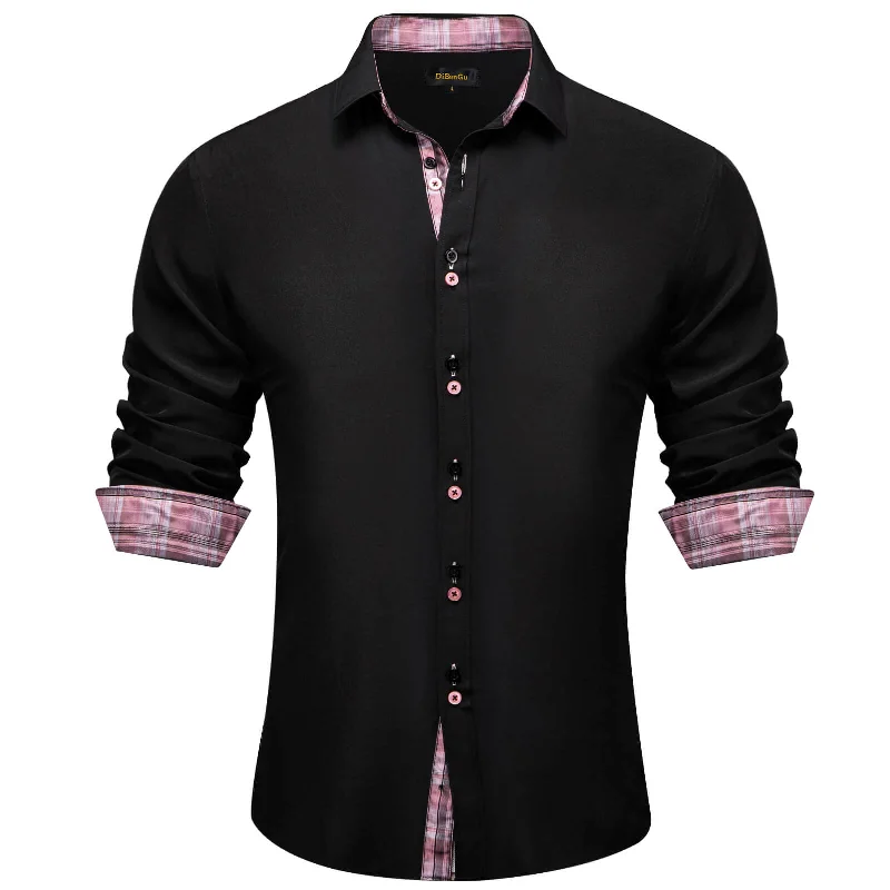 DiBanGu Men's Shirt Black Solid Pink Splicing Silk Long Sleeve Shirt