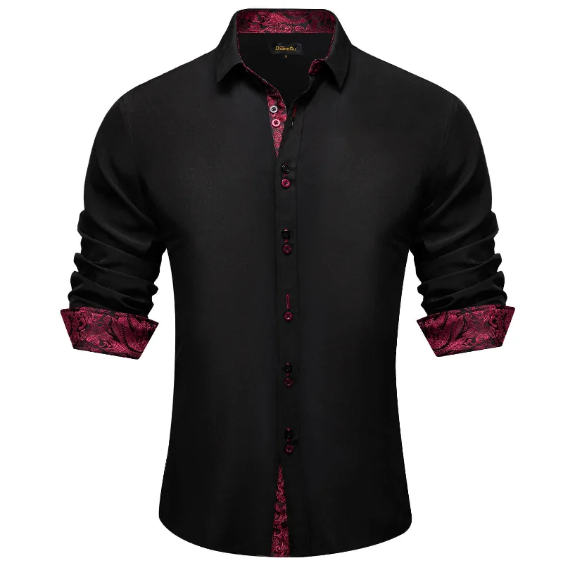 DiBanGu Men's Shirt Black Solid Red Paisley Splicing Dress Silk Shirt