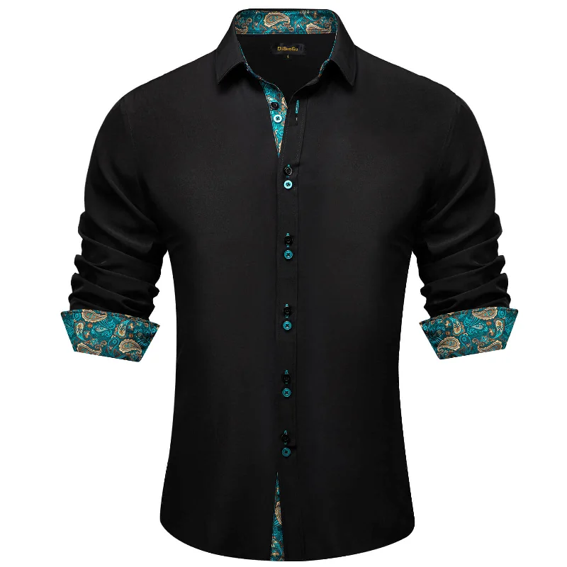 DiBanGu Men's Shirt Black Solid Teal Paisley Splicing Silk Shirt