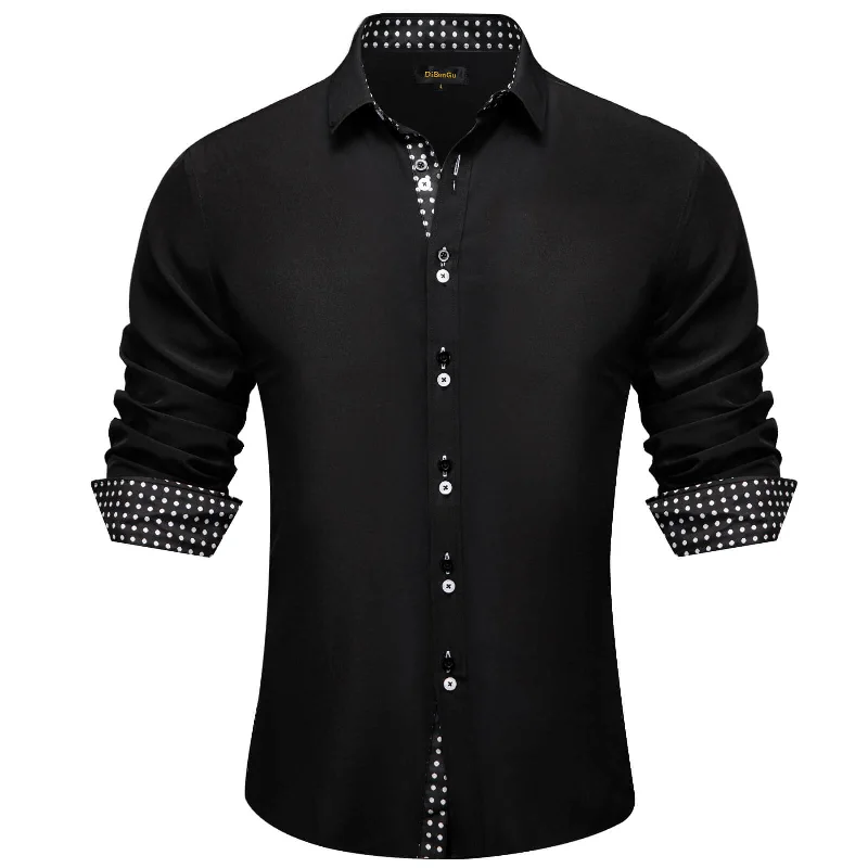 DiBanGu Men's Shirt Black Solid White Splicing Silk Long Sleeve Shirt