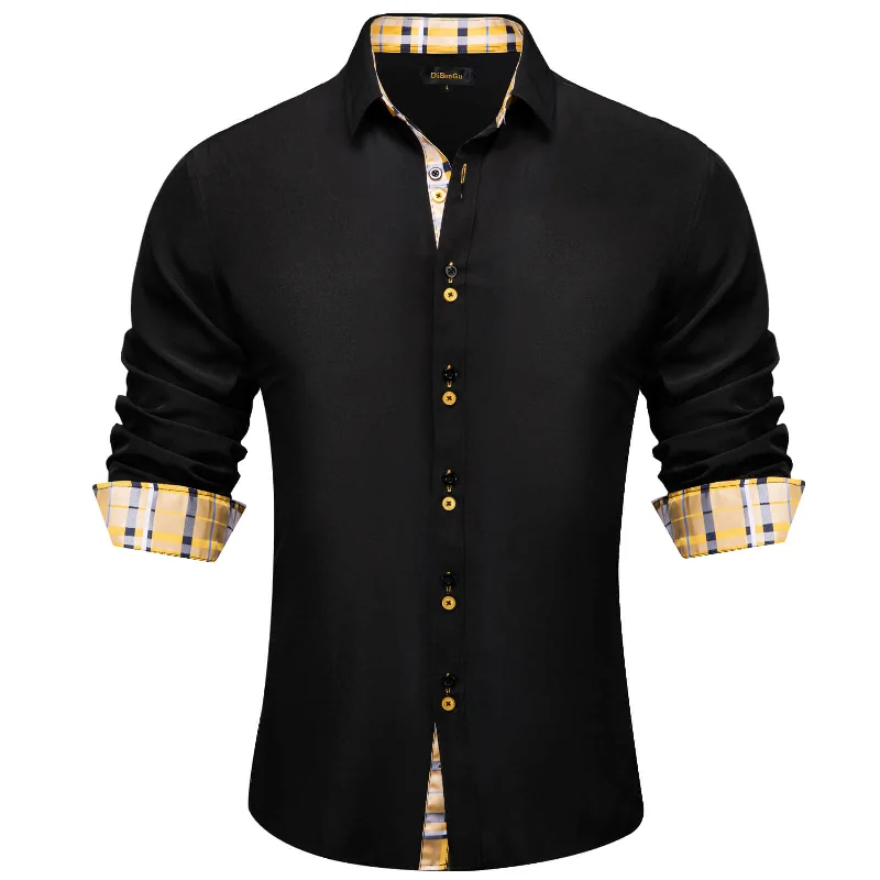 DiBanGu Men's Shirt Black Solid Yellow Plaid Splicing Dress Silk Shirt