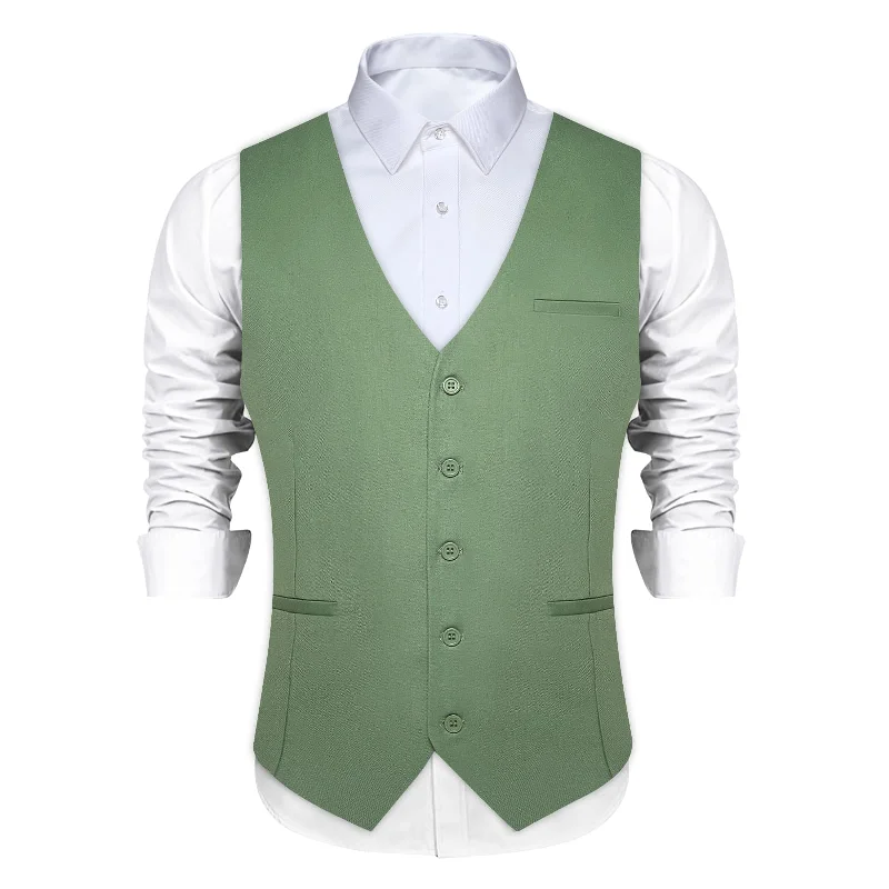 DiBanGu Mens Vest Asparagus Green Solid V Neck Work Waistcoat Silk Button Vest