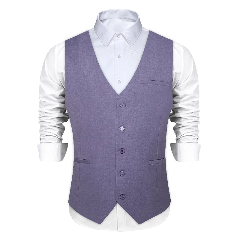 DiBanGu Mens Vest Deep Thistle Purple Solid V Neck Work Waistcoat Silk Button Vest