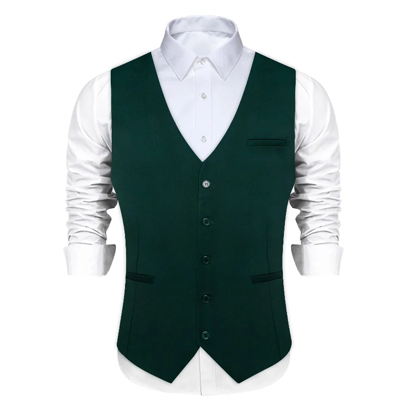 DiBanGu Mens Vest Medium Jungle Green Solid V Neck Business Waistcoat Silk Button Vest