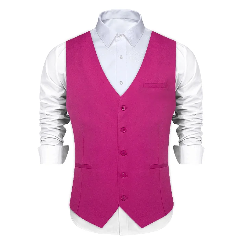 DiBanGu Mens Vest Medium Pink Solid V Neck Work Waistcoat Silk Button Vest