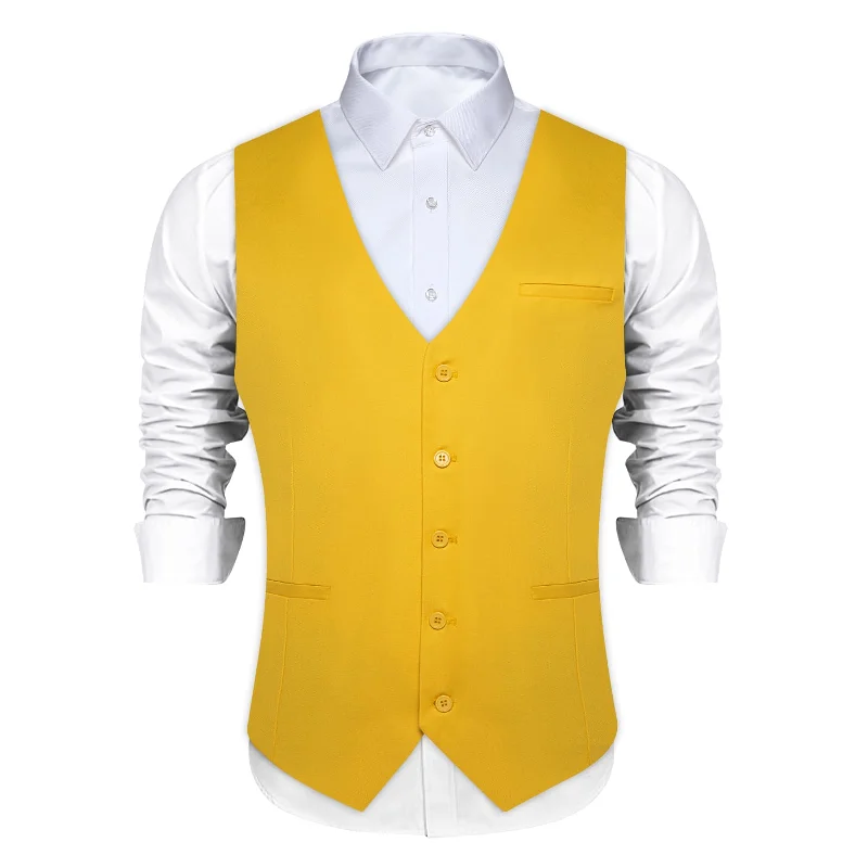 DiBanGu Mens Vest Saffron Yellow Solid V Neck Business Waistcoat Silk Dress Button Vest