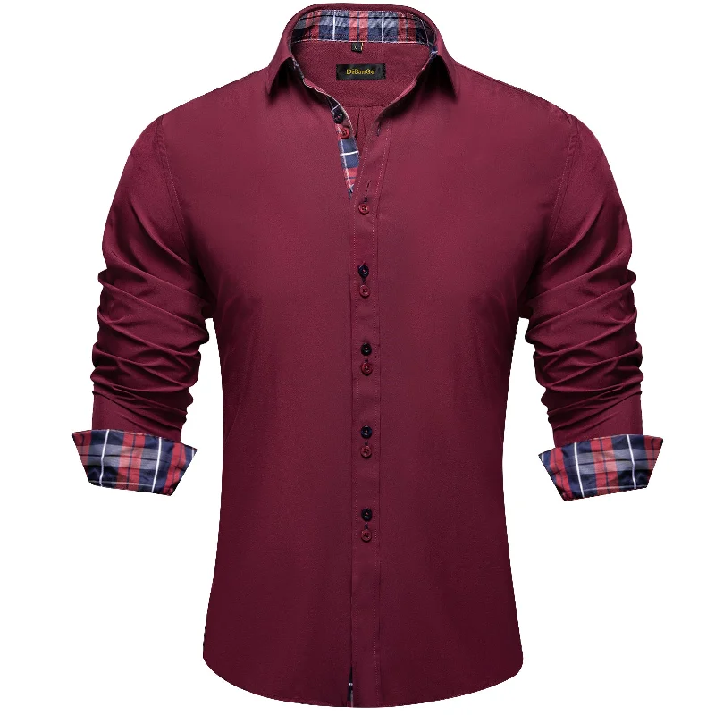 DiBanGu Red Lattice Splicing Long Sleeve Shirt For Men