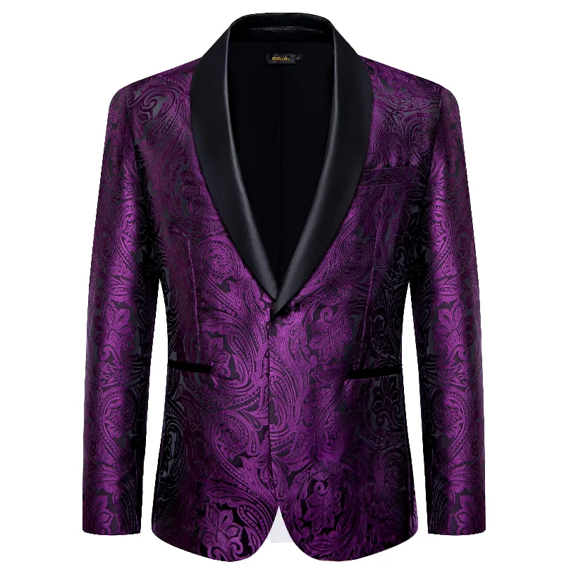 DiBanGu Royal Purple Paisley Shawl Collar Silk Slim Fit Mens Dress Suit