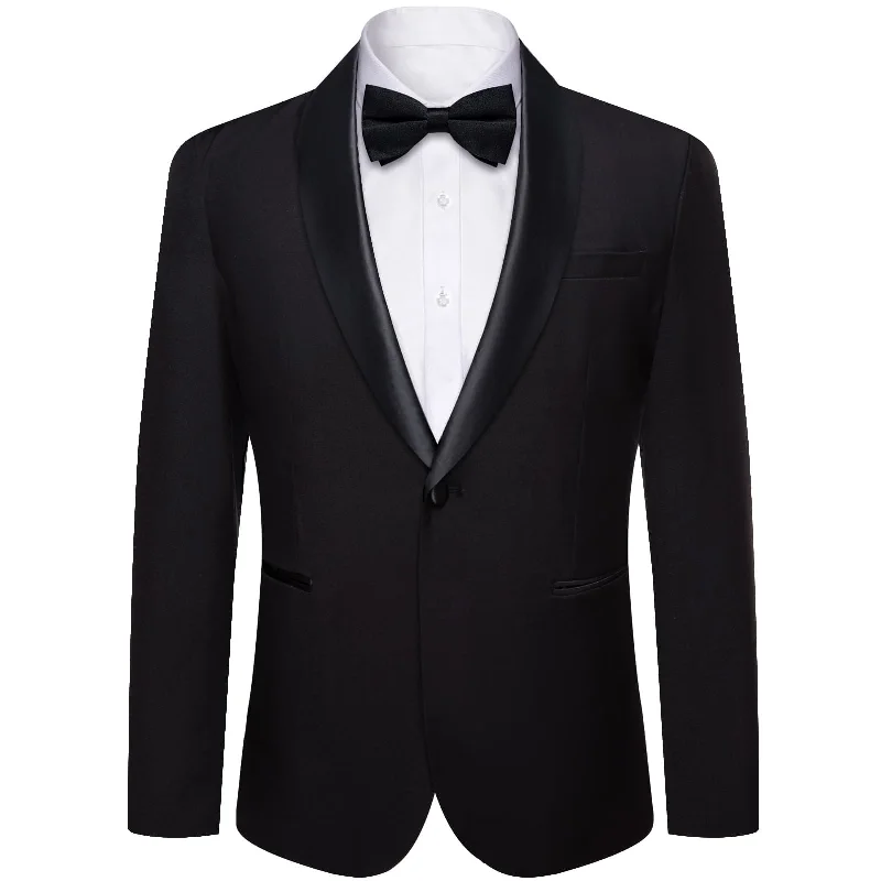 DiBanGu Shawl Collar Suit Classic Black Solid Silk Mens Slim Fit Business Suit