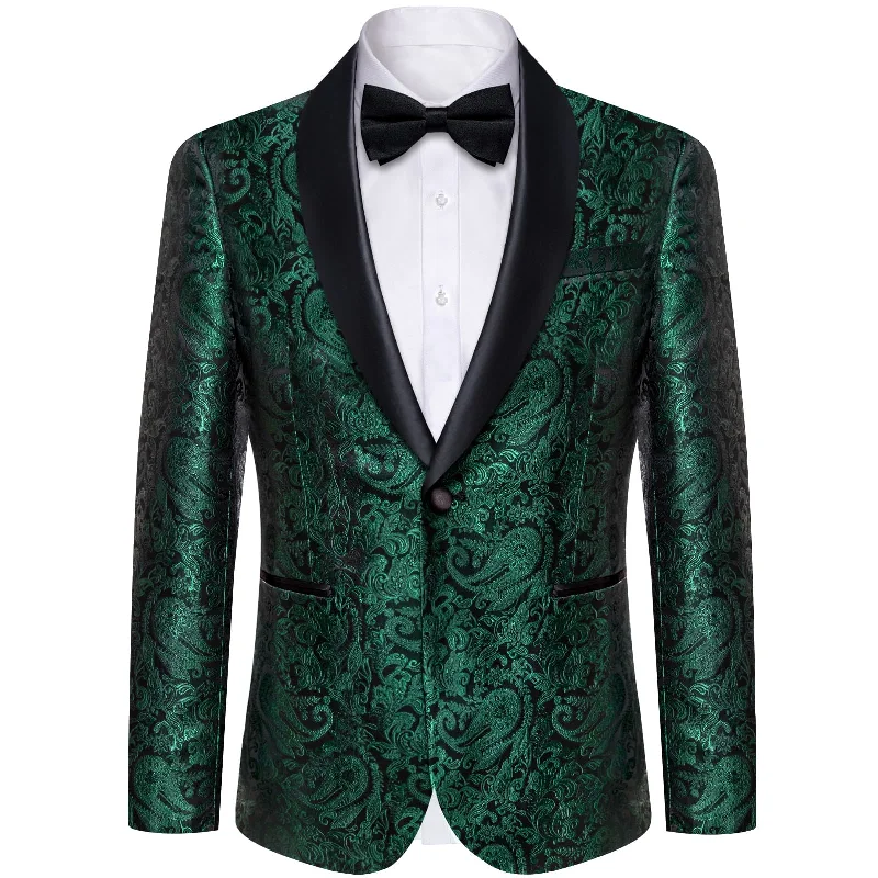 DiBanGu Shawl Collar Suit Myrtle Green Paisley Silk Mens Slim Fit Business Suit