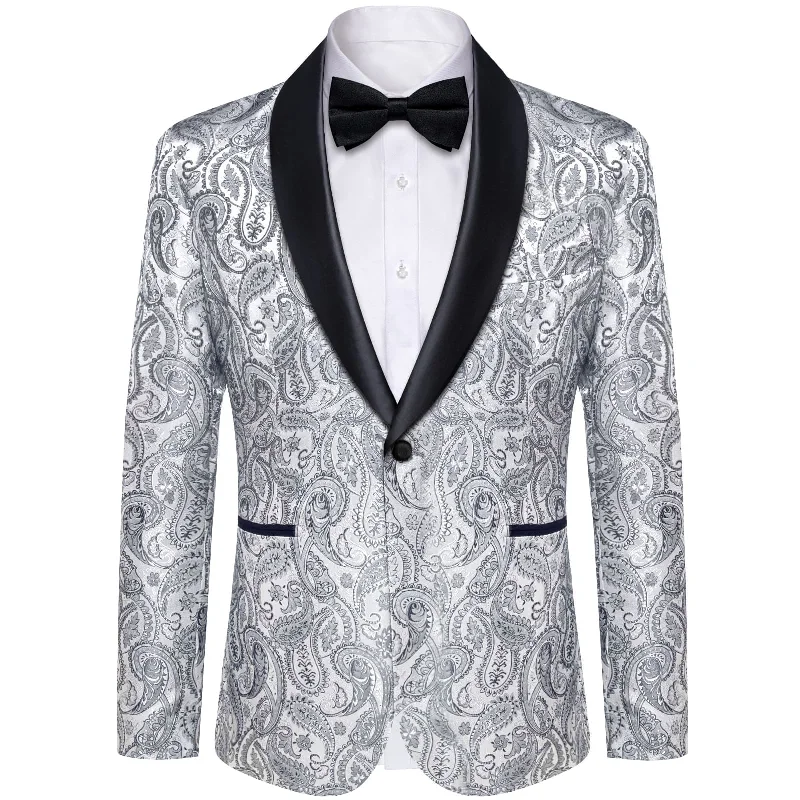 DiBanGu Shawl Collar Suit Silver Grey Paisley Silk Mens One Button Slim Fit Suit