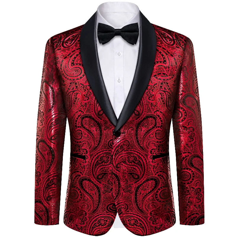 DiBanGu Shawl Collar Suit Vivid Auburn Red Paisley Silk Mens Slim Fit Business Suit