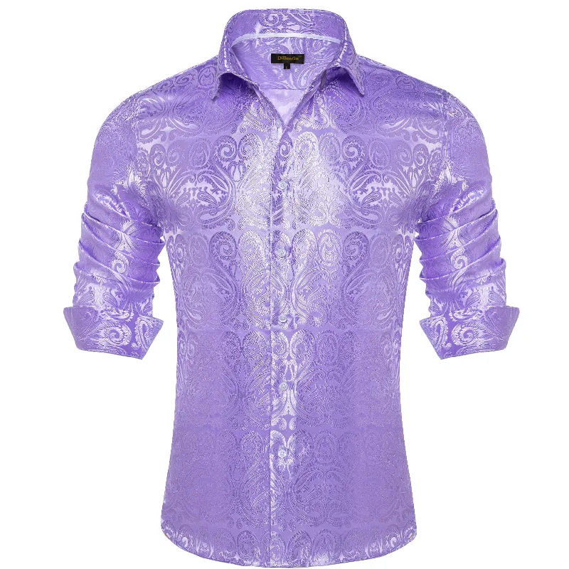 DiBanGu Shirt for Men Bright Lavender Purple Paisley Silk Button Up Long Sleeve Shirt