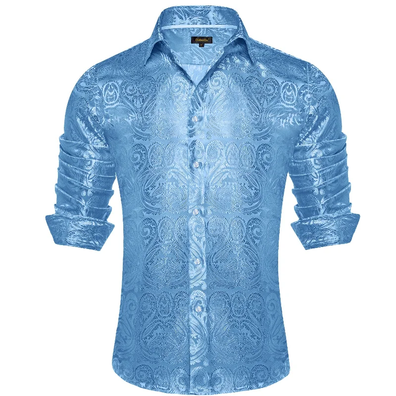 DiBanGu Shirt for Men Celestial Blue Paisley Long Sleeve Silk Button Up Shirt