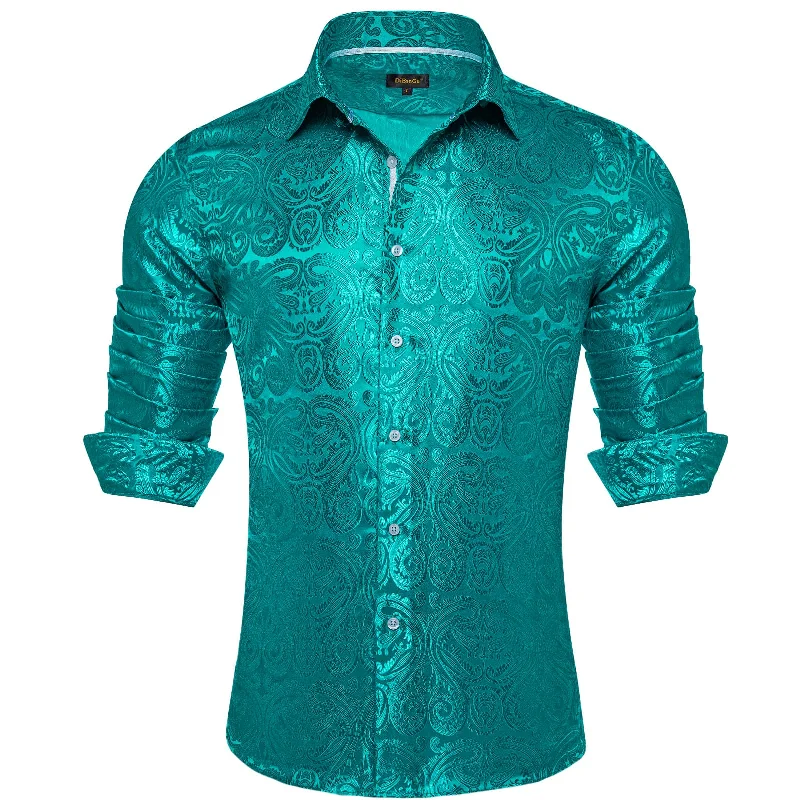 DiBanGu Shirt for Men Dark Cyan Paisley Long Sleeve Silk Button Up Shirt