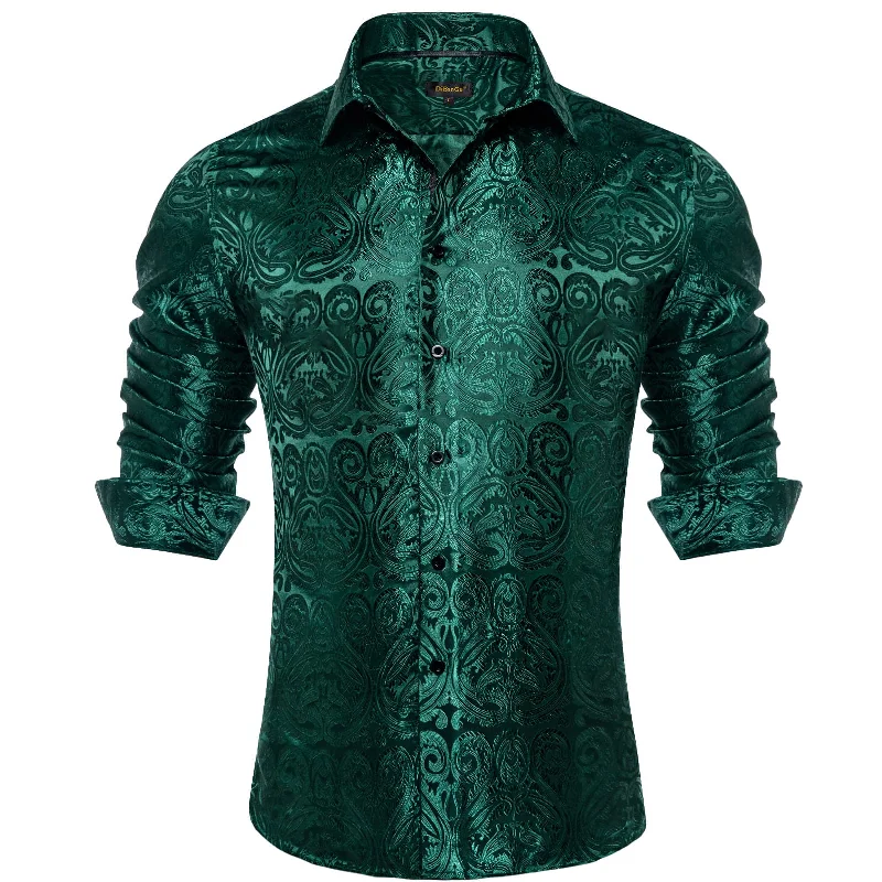 DiBanGu Shirt for Men Deep Green Paisley Long Sleeve Silk Button Up Business Dress Shirt