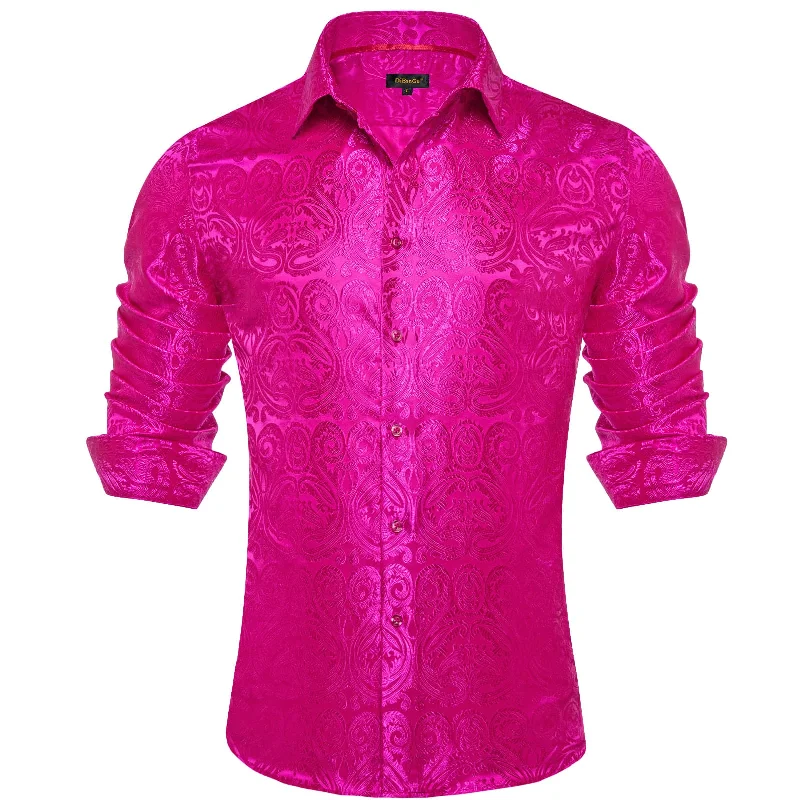 DiBanGu Shirt for Men Fashion Fuchsia Pink Paisley Button Long Sleeve Silk Shirt