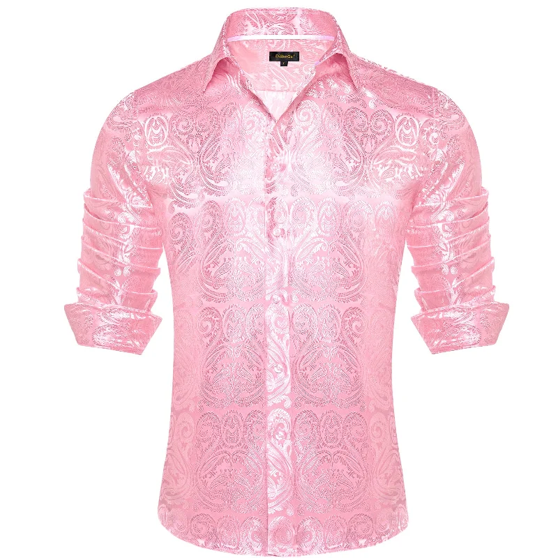 DiBanGu Shirt for Men Light Pink Paisley Long Sleeve Silk Button Up Business Work Shirt