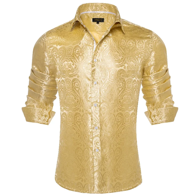 DiBanGu Shirt for Men Light Yellow Paisley Long Sleeve Silk Button Up Shirt