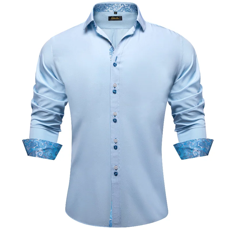 DiBanGu Sky Blue Paisley Splicing Long Sleeve Shirt For Men