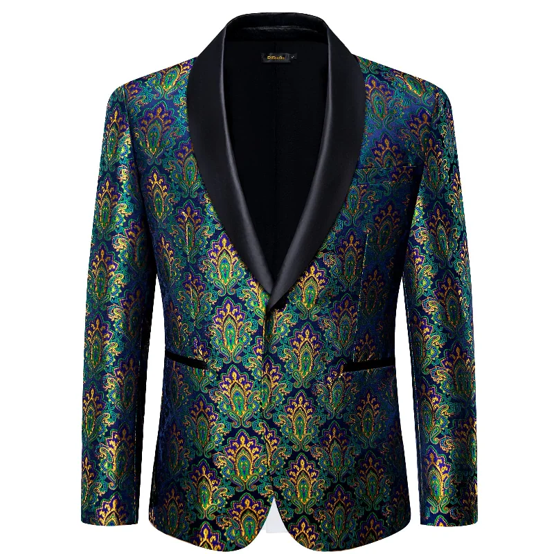 DiBanGu Teal Yellow Paisley Shawl Collar Silk Slim Fit Mens Dress Suit