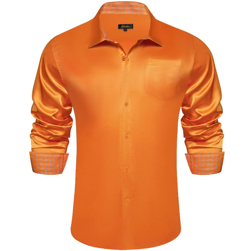 DiBanGu Tuxedo Shirt Cadmium Orange Solid Satin Silk Button Up Long Sleeve Men's Shirt