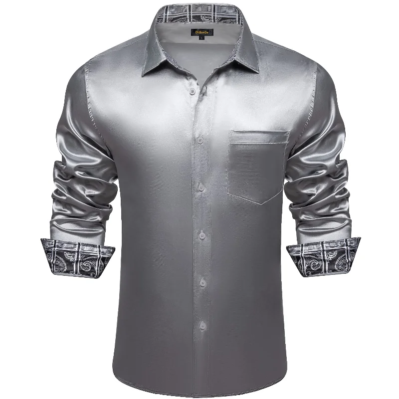 DiBanGu Tuxedo Shirt Dim Gray Solid Satin Silk Button Up Long Sleeve Men's Shirt