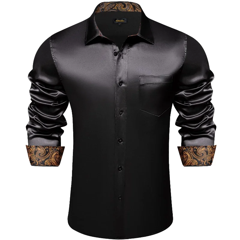 DiBanGu Tuxedo Shirt Onyx Black Solid Satin Silk Button Up Long Sleeve Shirt for Men