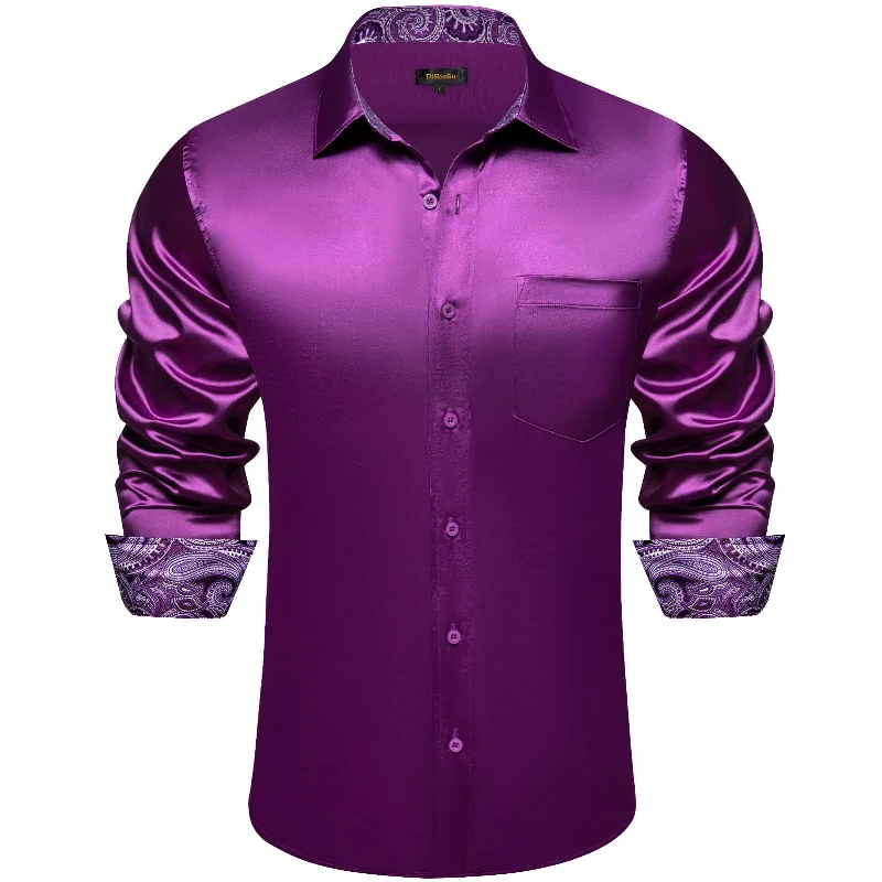 DiBanGu Tuxedo Shirt Palatinate Purple Solid Satin Silk Button Up Long Sleeve Shirt for Men