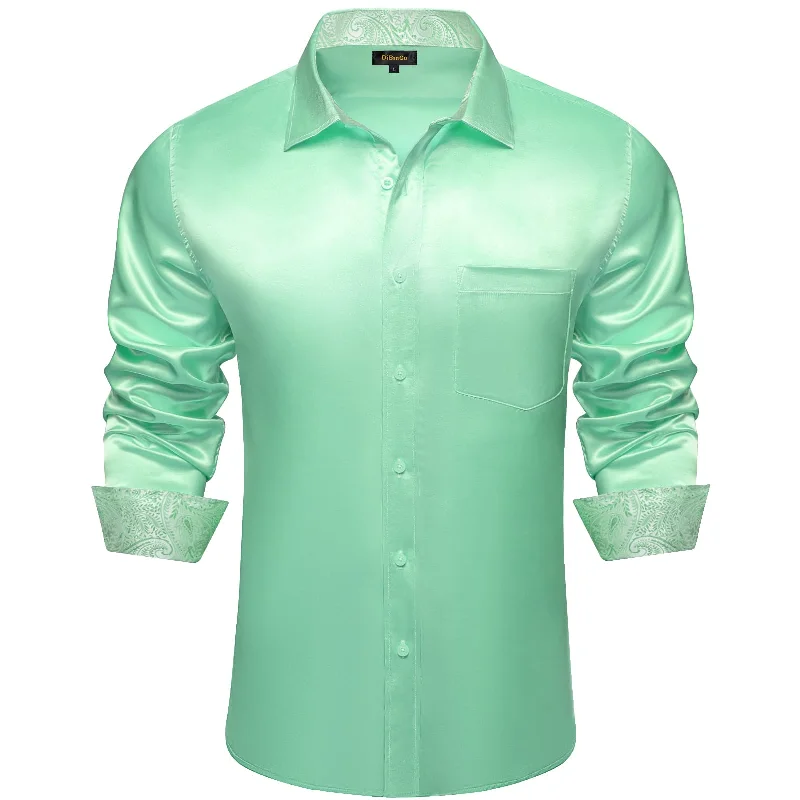 DiBanGu Tuxedo Shirt Turquoise Green Solid Satin Silk Button Up Long Sleeve Shirt for Men