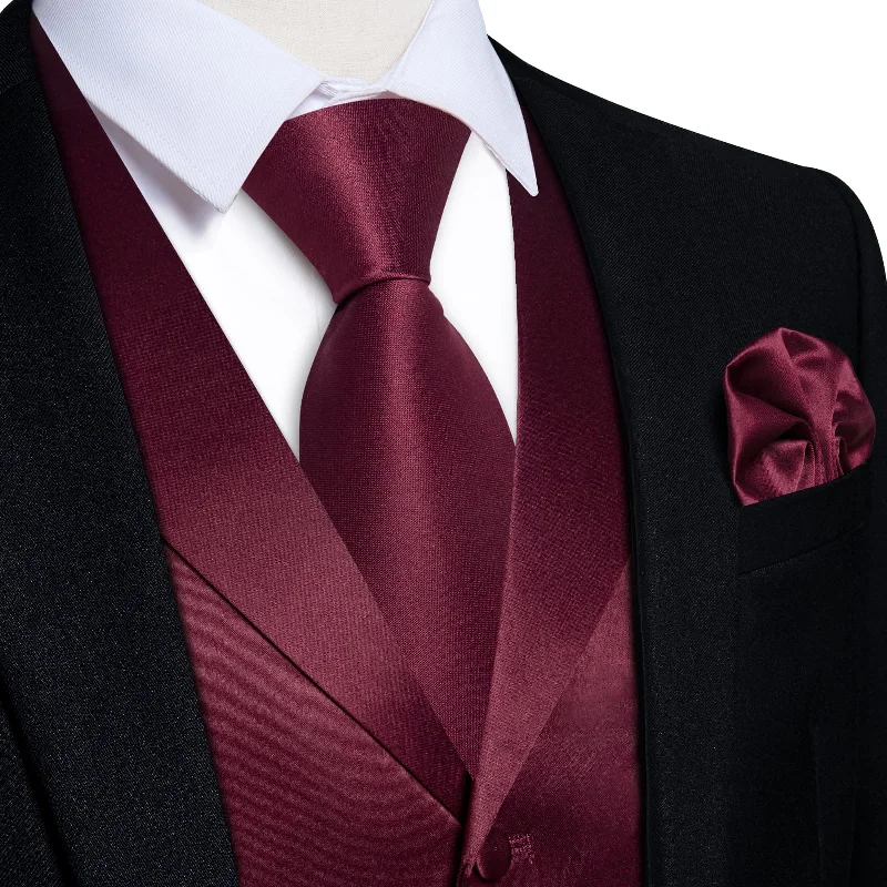 DiBanGu Tuxedo Waistcoat Dark Burgundy Solid Notched Collar Mens Dress Work Vest