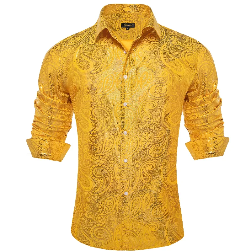 DiBanGu Urobilin Yellow Paisley Hot Stamping Button Up Long Sleeve Shirt for Men