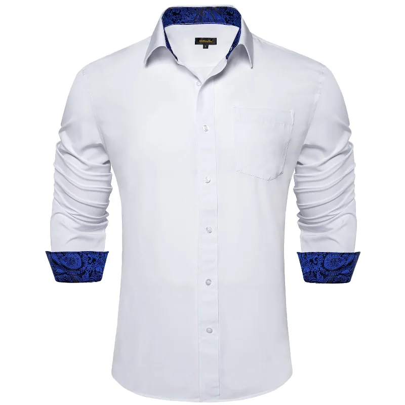 DiBanGu White Solid Splicing Blue Paisley Silk Mens Long Sleeve Shirt