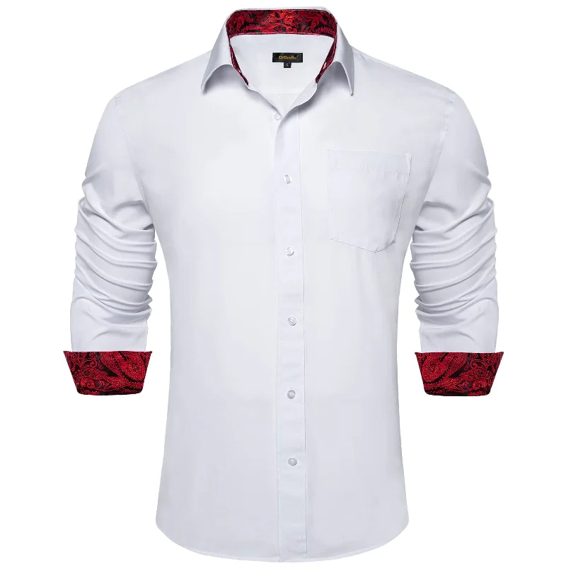 DiBanGu White Solid Splicing Dark Red Paisley Silk Mens Long Sleeve Shirt