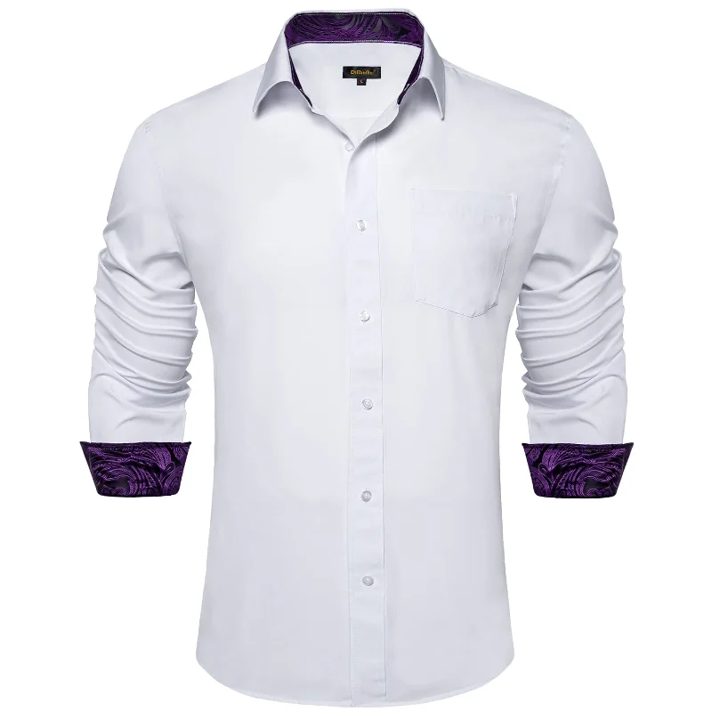 DiBanGu White Solid Splicing Purple Paisley Silk Mens Long Sleeve Shirt