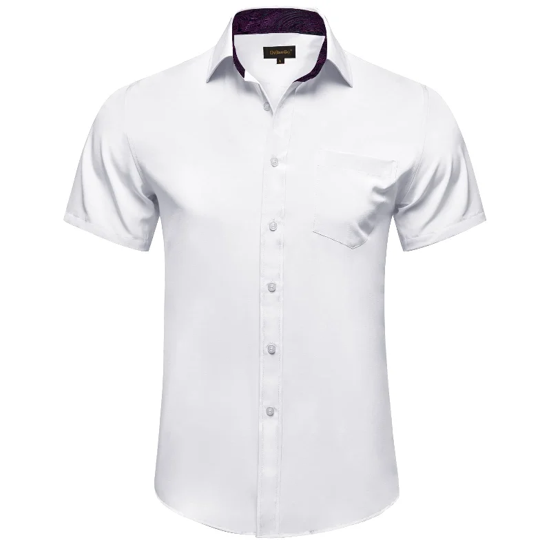 DiBanGu Work Shirt White Purple Splicing Silk Mens Button Up Short Sleeve Shirt