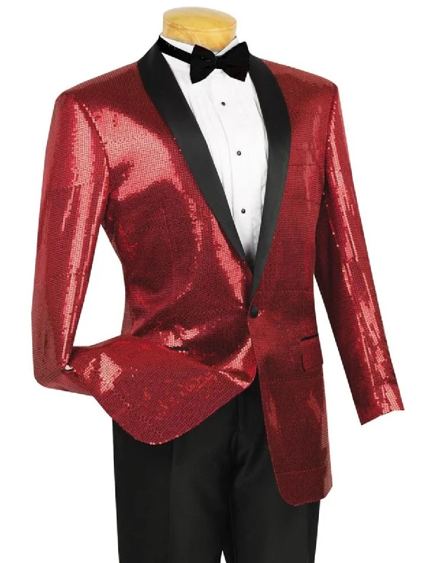 Mens Red Shiny Sequin Tuxedo Blazer