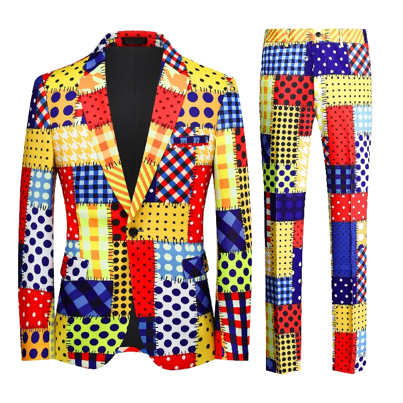 2-Piece Men's Printed Colorful Plaid Clown Festival Celebration Suit