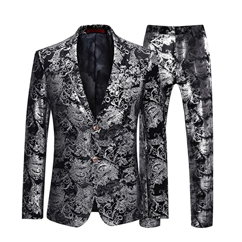 2-Piece Slim Fit Digital Print Silver Suit