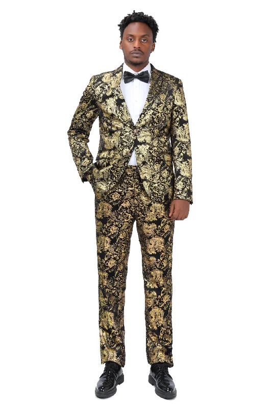 2-Piece Slim Fit Stylish Dress Floral Suit Gold