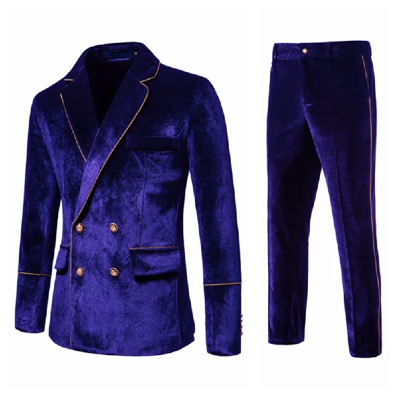 2-Piece Velvet Trimmed Solid Double-Breasted Dress Suit Blue