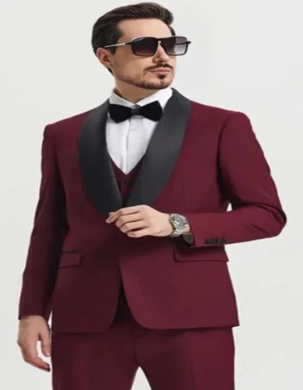 Burgundy Tuxedo - Maroon Burgundy Color - Mens One Button Shawl Lapel Matching Pants and Vest Tuxedo in Burgundy