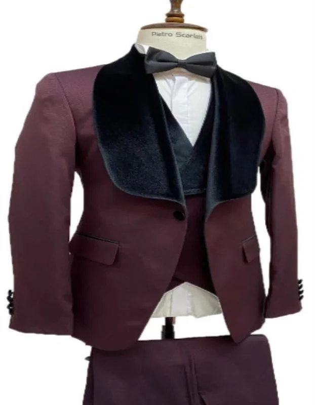 Burgundy Tuxedo - Maroon Burgundy Color - Mens Vested Designer Wide Velvet Wedding Burgundy Tuxedo