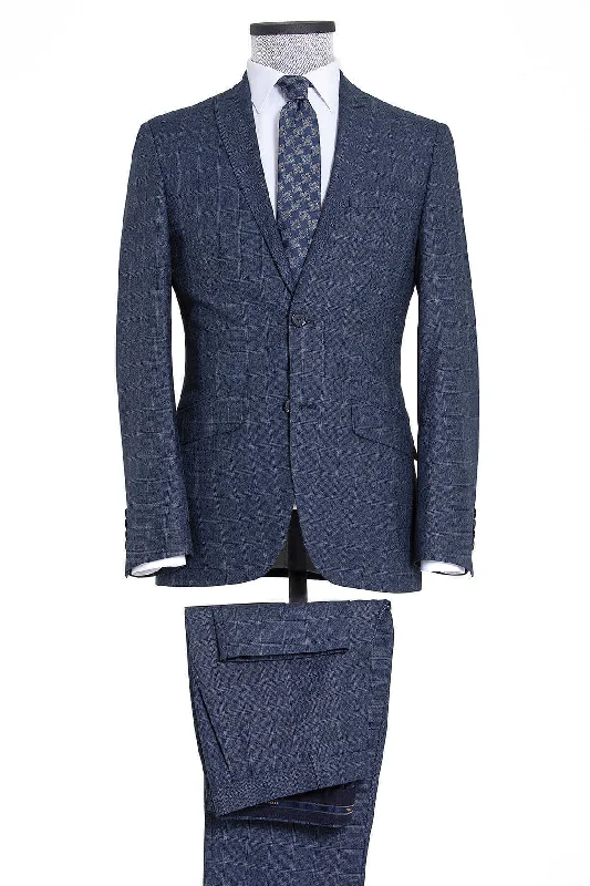 Dynamic Fit Peak Lapel Plaid Navy Casual Suit