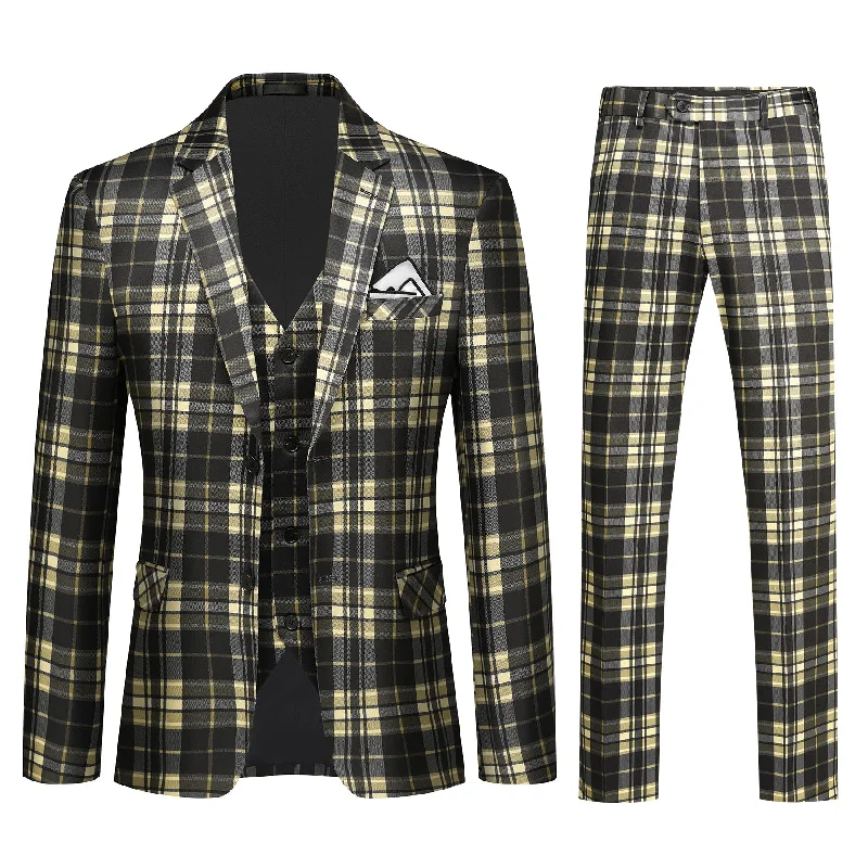 Men's 2-Button Single-Breasted Suit 3-Piece Plaid Suit Yellow