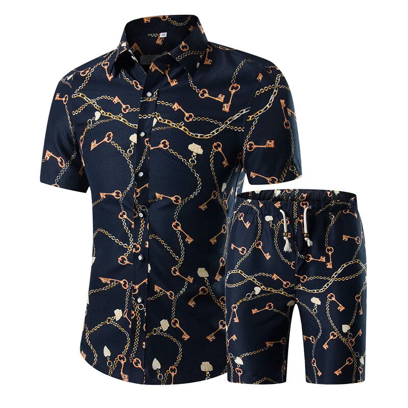 Mens 2-Piece Hawaii Print Style Summer Suit Black