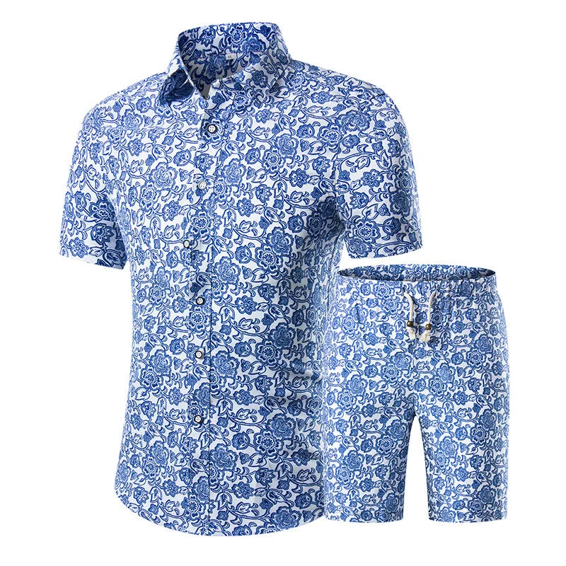 Mens 2-Piece Hawaii Print Style Summer Suit Blue