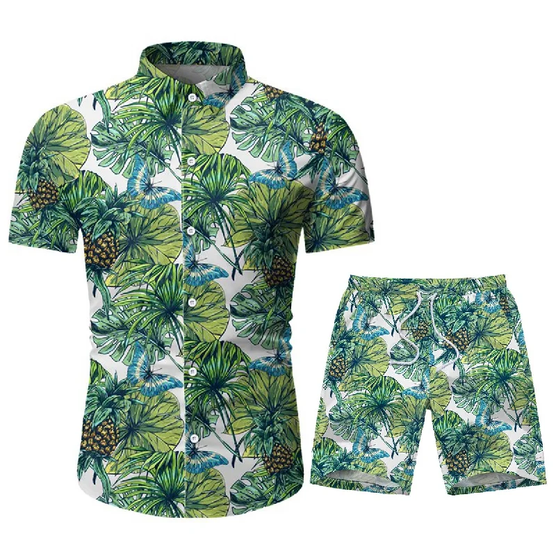 Mens 2-Piece Hawaii Print Style Summer Suit Green