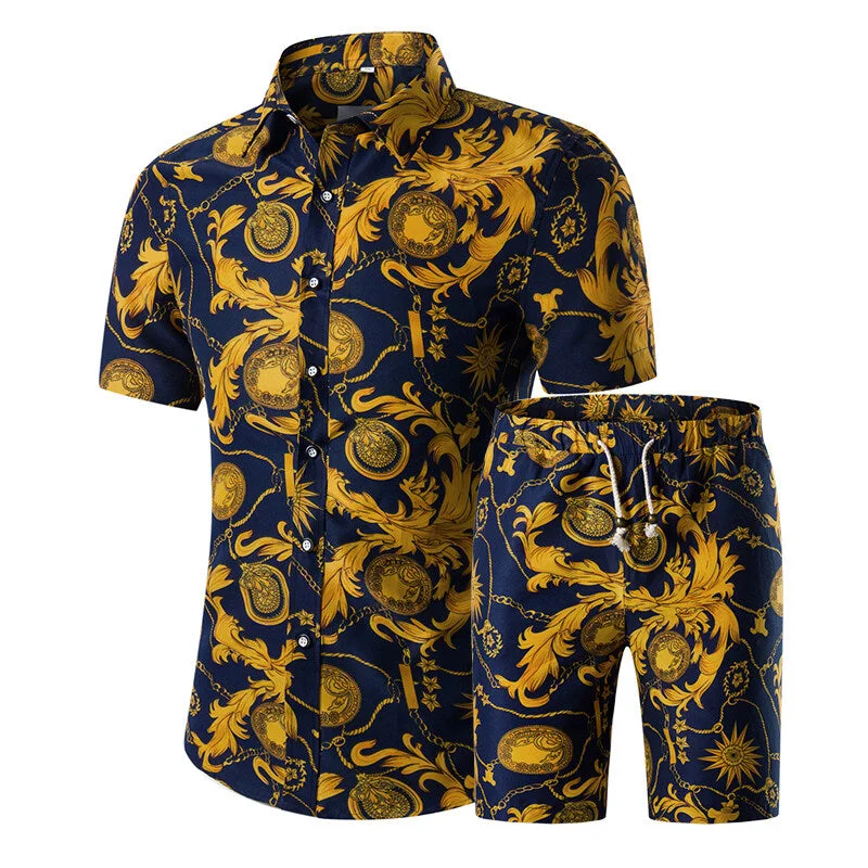 Mens 2-Piece Hawaii Print Style Summer Suit